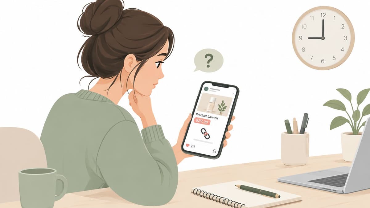 A woman looks at a product launch advertisement on her smartphone screen while sitting at her desk.