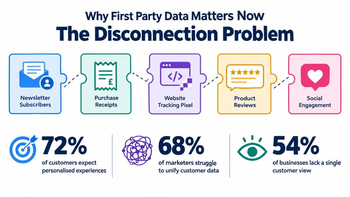 An infographic showing the disconnection problem in first party data across various customer touchpoints and statistics.