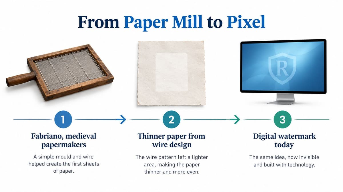 A diagram showing the evolution of watermarks from medieval paper moulds to modern digital screen watermarking technology.