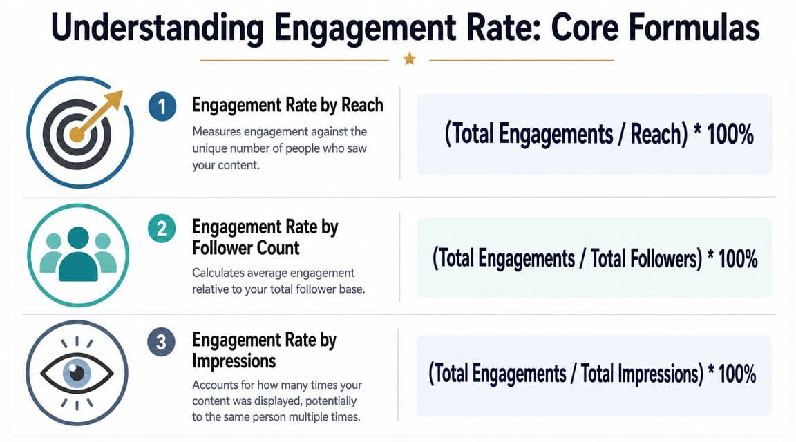 A visual guide illustrating three different core formulas for calculating social media engagement rates.