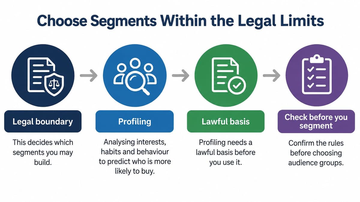 A four-step infographic illustrating the process of choosing customer segments within legal and data protection limits.