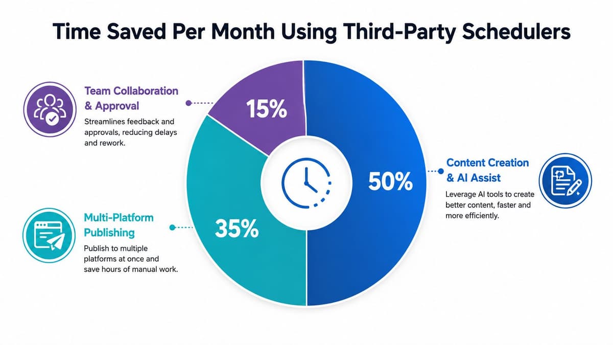 A pie chart showing how third-party scheduling tools save time through content creation, multi-platform publishing, and team collaboration.