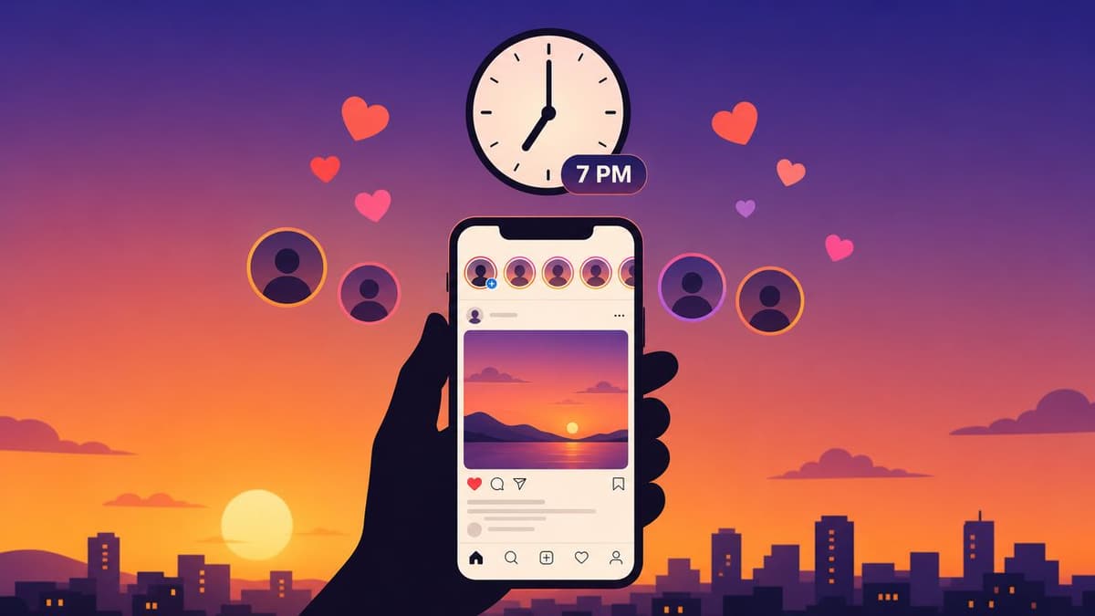 A hand holding a smartphone showing an Instagram feed against a sunset background with a 7 PM clock.