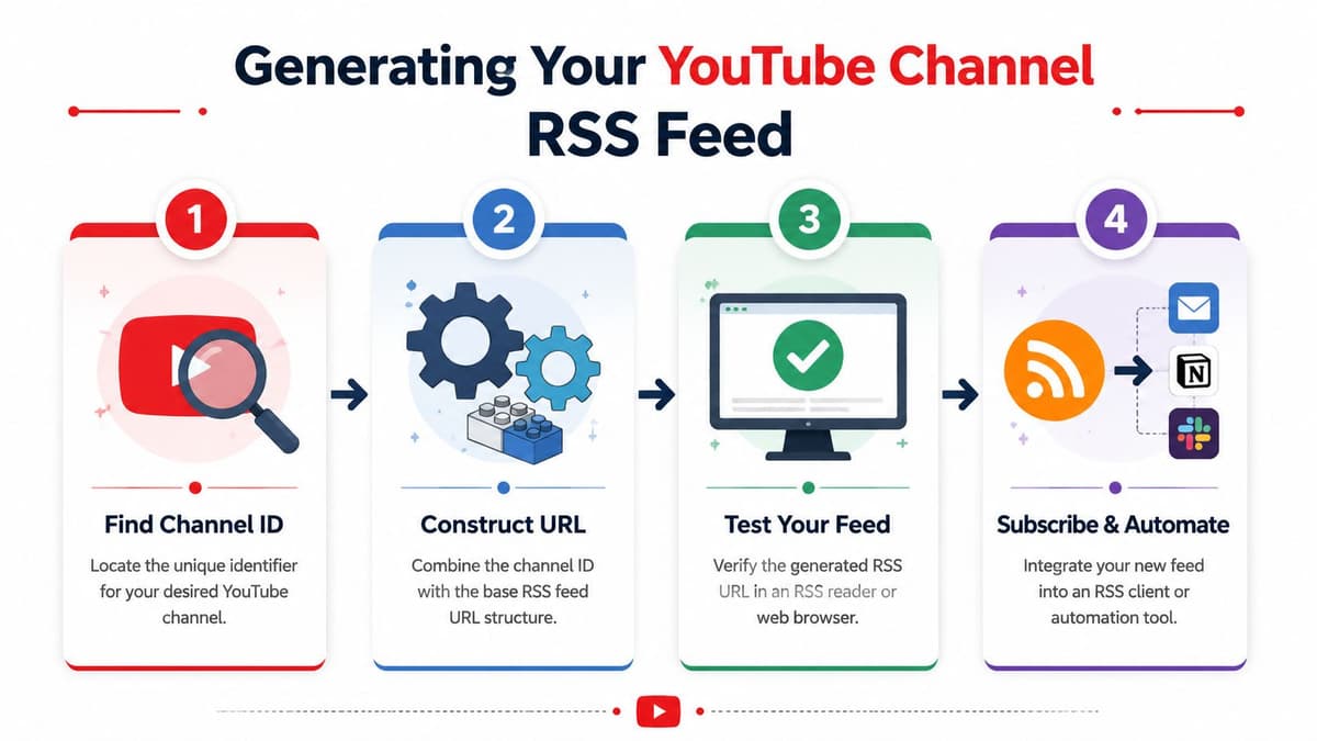 A four-step infographic illustrating the process of generating an RSS feed for a YouTube channel.