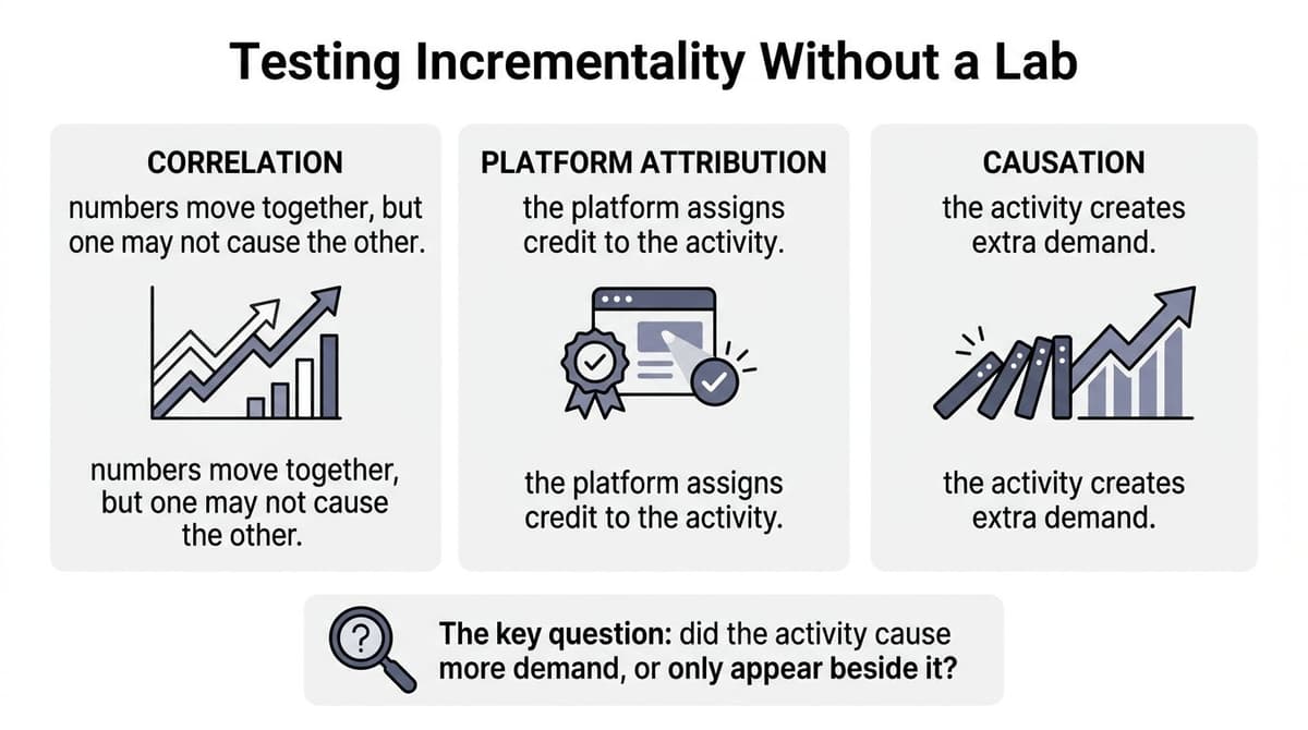 An infographic titled Testing Incrementality Without a Lab, comparing correlation, platform attribution, and true causation for marketing data.
