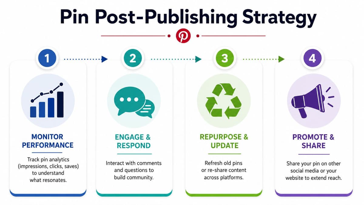 An infographic titled Pin Post-Publishing Strategy showing four steps for managing Pinterest content after it is published.