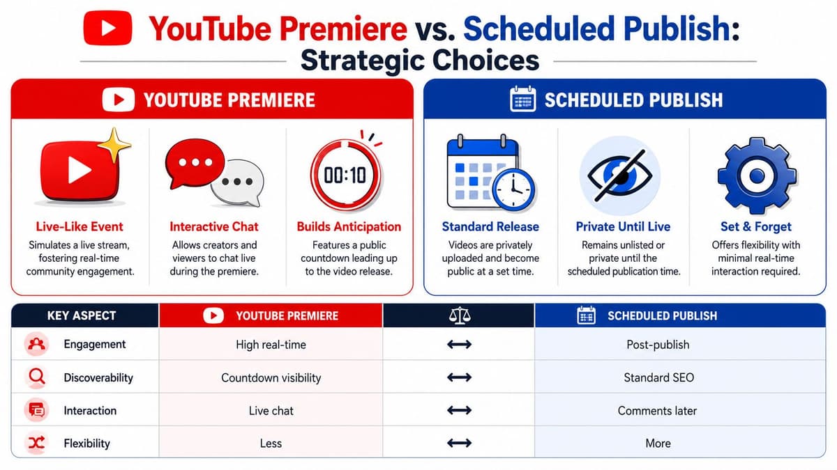 A comparison chart outlining the strategic differences between YouTube Premiere and scheduled video publishing features.