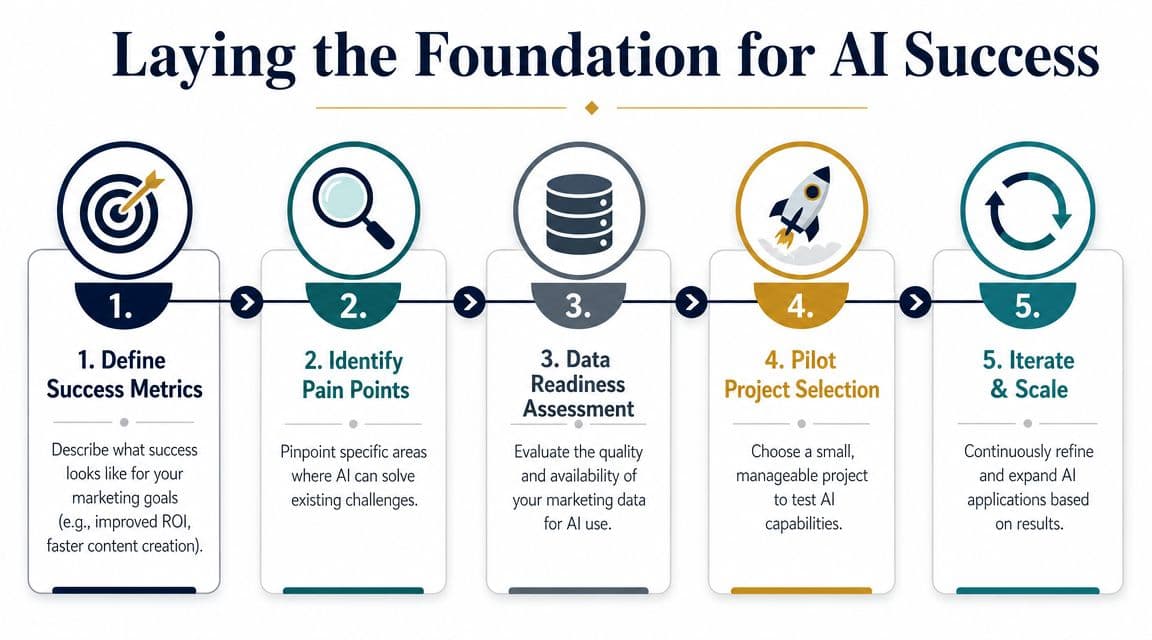 A five-step flowchart outlining the strategic process for implementing AI successfully in marketing campaigns and projects.