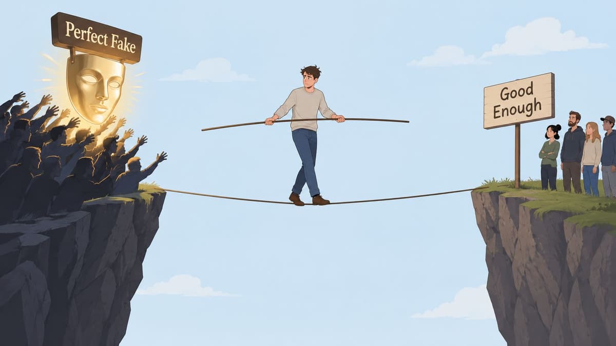 A man balancing on a tightrope between a golden mask labeled Perfect Fake and a sign reading Good Enough.