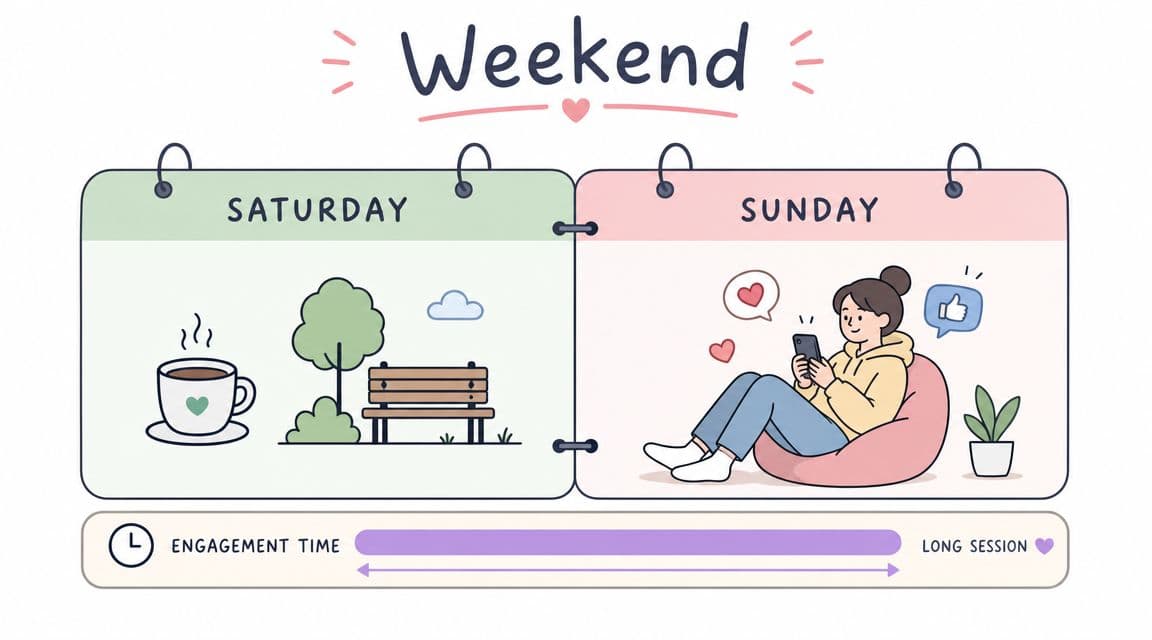 A calendar showing Saturday with a coffee and bench, and Sunday with a woman using a phone.