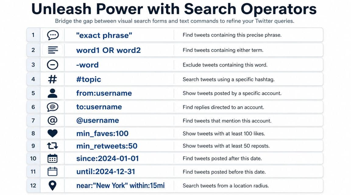 A table explaining twelve essential Twitter search operators to help users refine their search queries effectively.