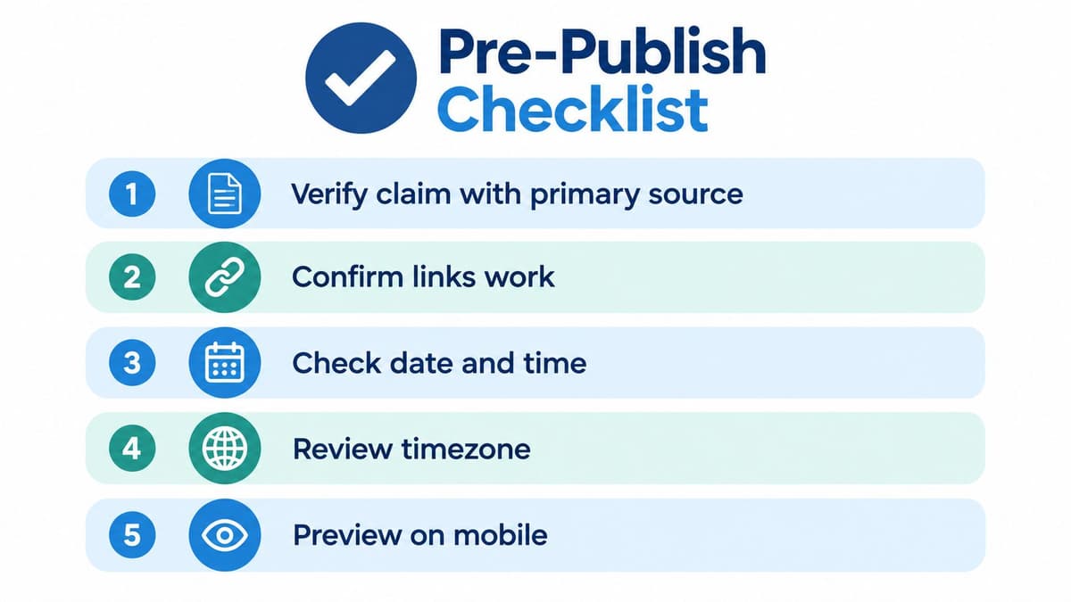 A five-step pre-publish checklist infographic for content creators to verify posts before going live online.
