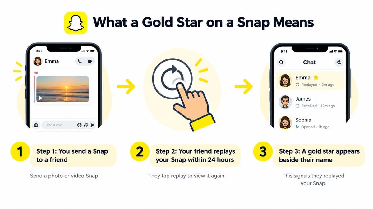 A diagram explaining the three-step process of how a gold star appears on Snapchat messages.