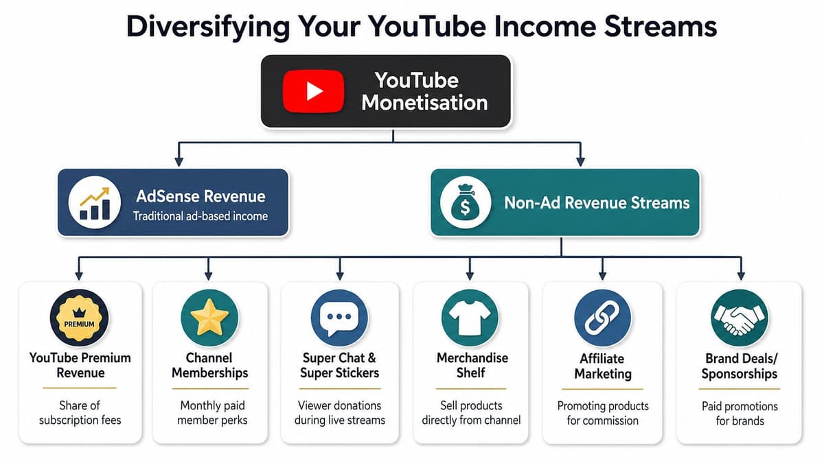 A diagram illustrating various ways to earn money on YouTube through AdSense and non-ad revenue streams.