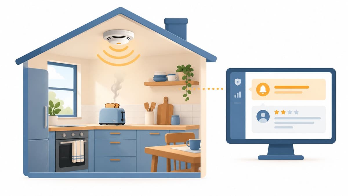 A digital illustration showing a smart home smoke detector sending a security alert to a computer monitor.