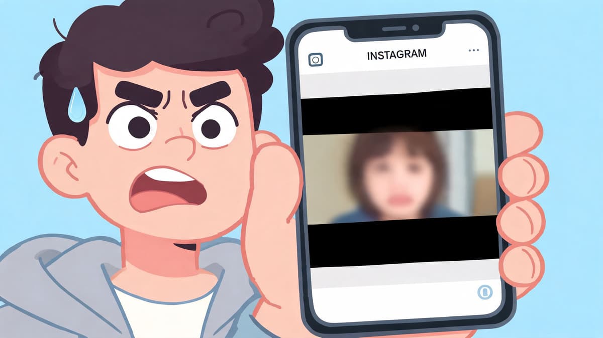 A cartoon illustration of a frustrated person holding a smartphone showing an improperly sized Instagram video.