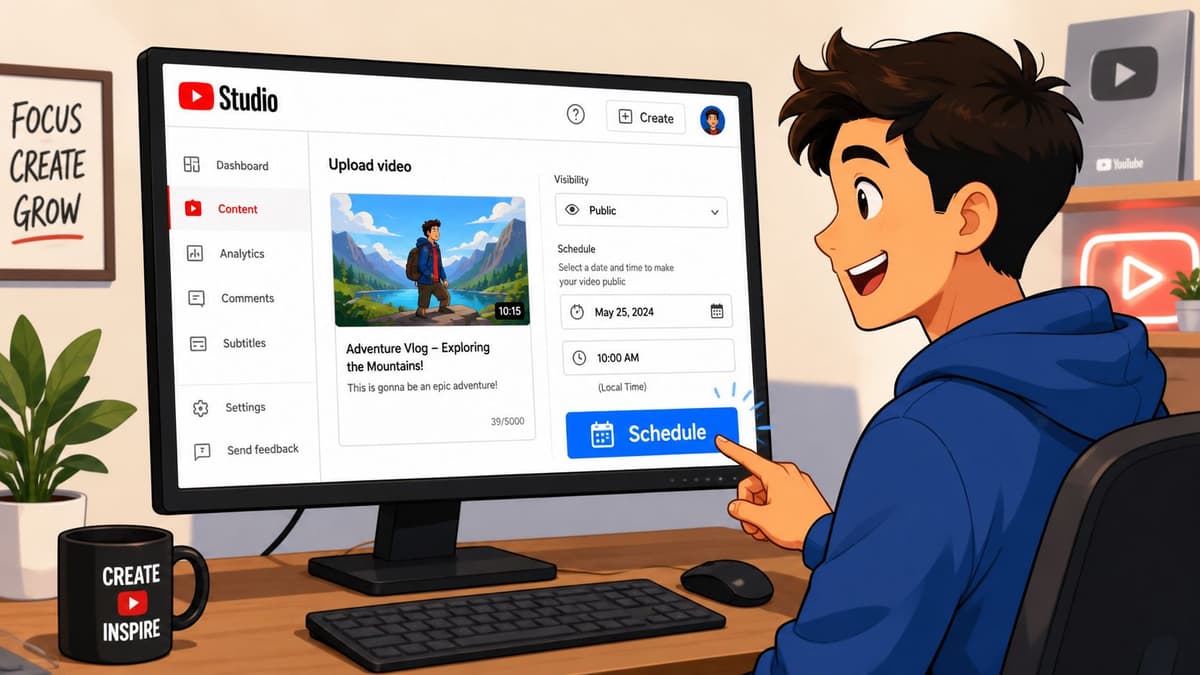 A young anime-style boy happily scheduling a new YouTube vlog upload on his computer screen.