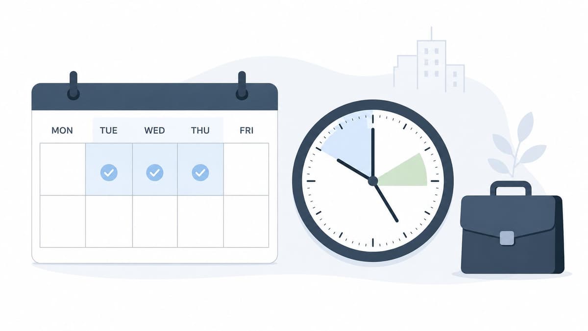 A calendar showing Tuesday to Thursday selected, a clock, and a briefcase representing business time management.
