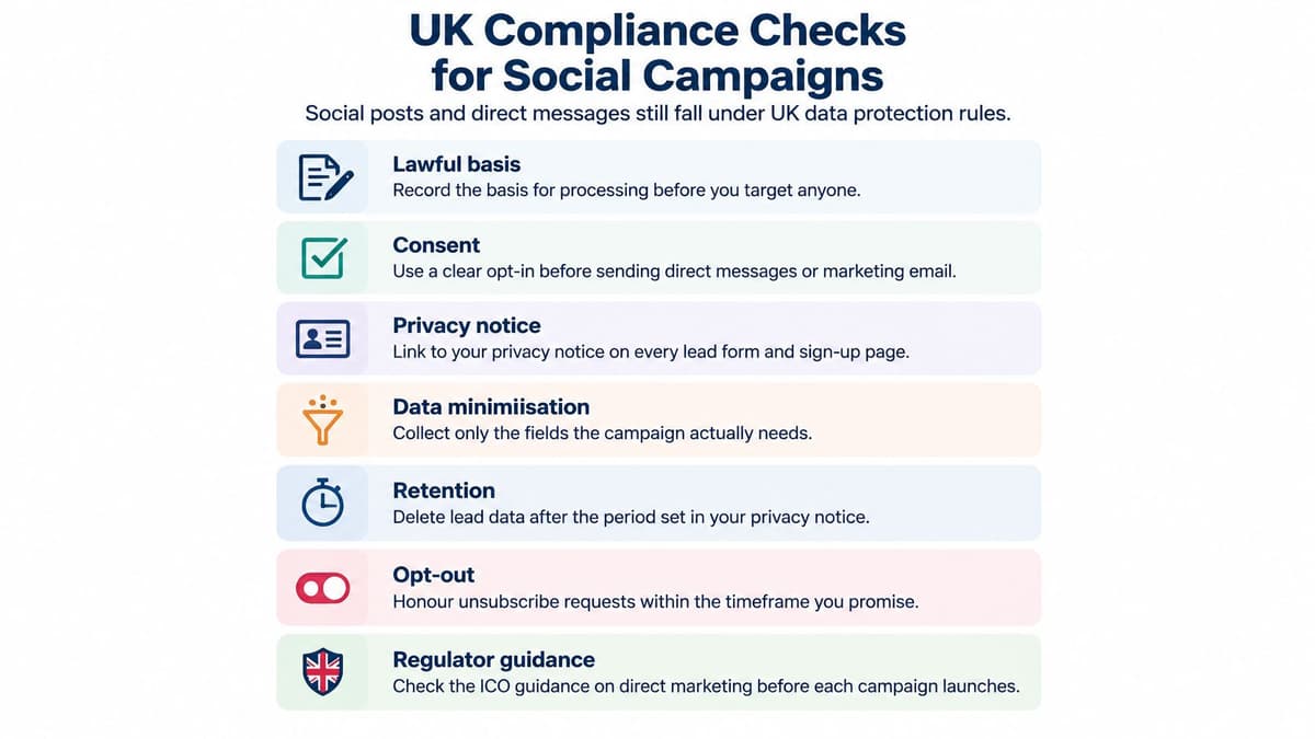 A checklist infographic outlining seven key UK compliance requirements for running successful social media marketing campaigns.