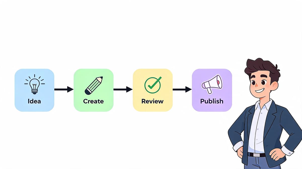 A professional man standing next to a four-step process infographic showing Idea, Create, Review, and Publish stages.