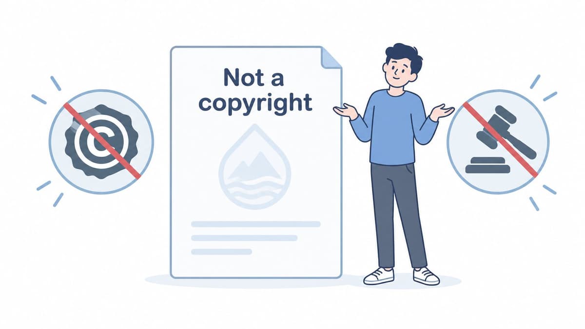 An illustration of a young man next to a document labeled not a copyright with symbols.