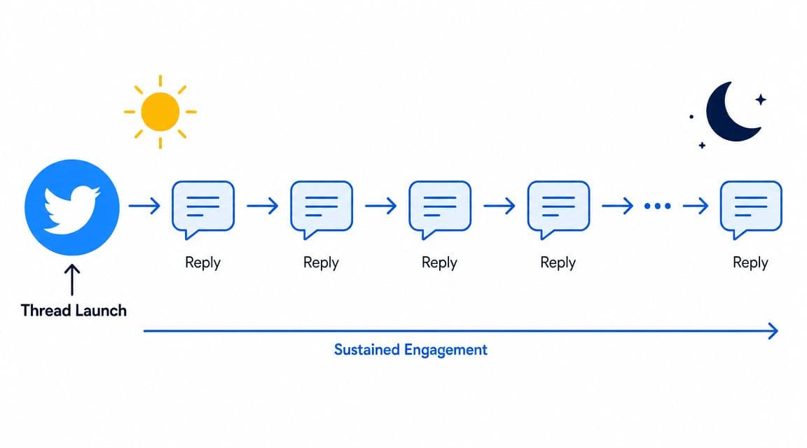 A diagram showing a Twitter thread launch leading to long-term, sustained audience engagement over time.